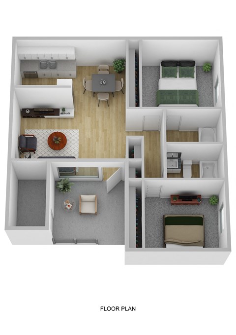 Floor plan for 2 beds, 2 baths, 807 sqft